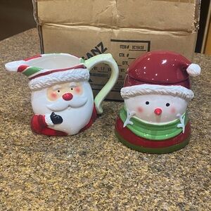 Festive Santa and Snowman Sugar and Creamer Set New in Box